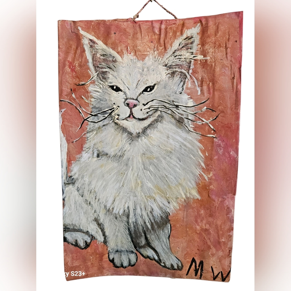 Handcrafted Cat Wall Art - White and Pink Folk Art Junkmail Art By Maxine Waters